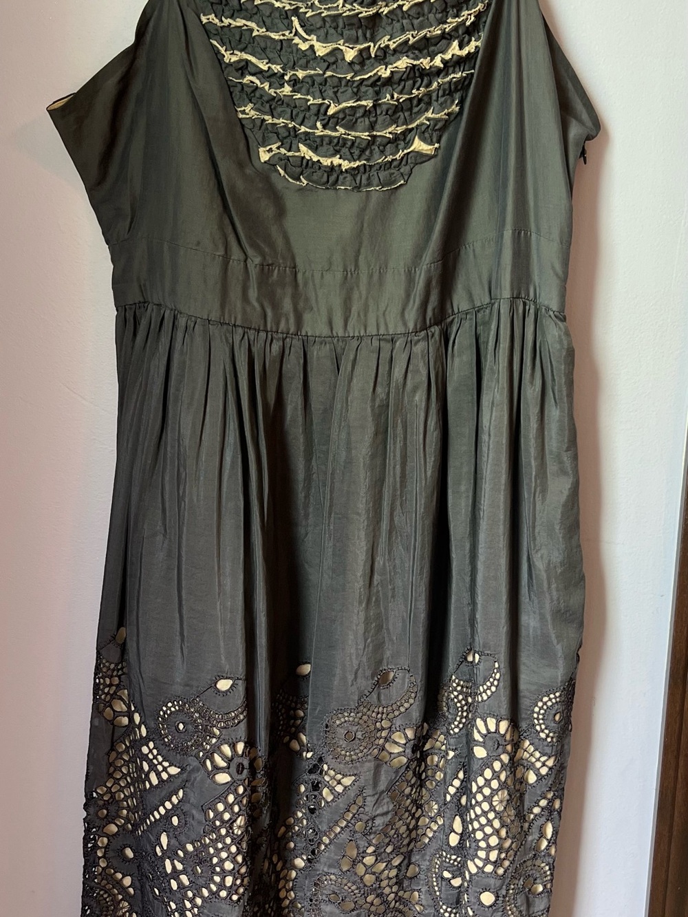 burlapp navy blue dress with cream lace accents